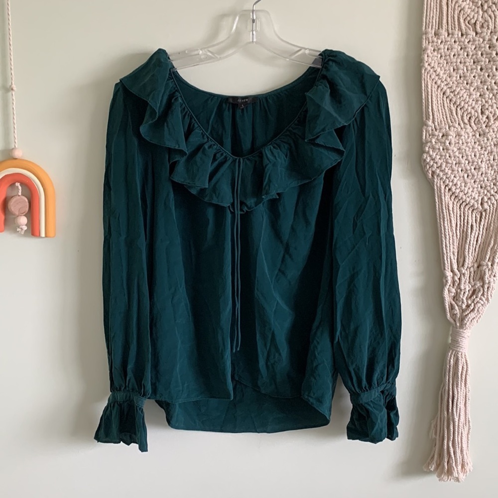J. Crew | silk ruffle neck long sleeve top | deep green